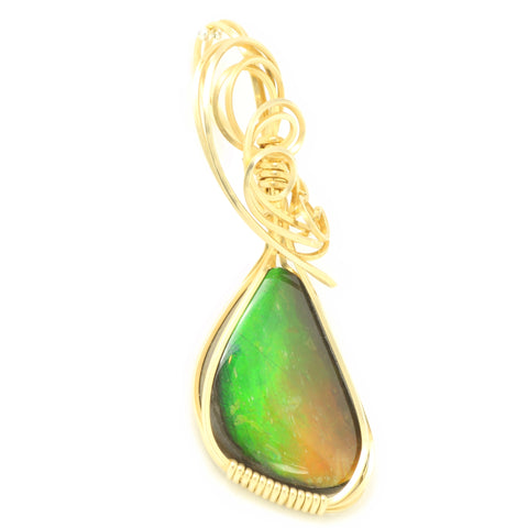 Wire-Wrapped Freeform Green and Orange Ammolite Fossil Pendant