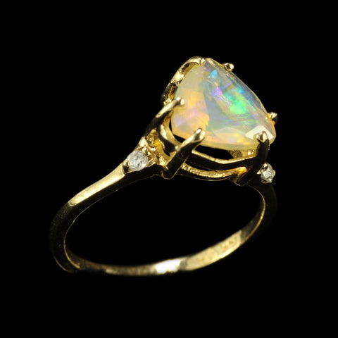 Trillium or Triangle Cut Faceted Ethiopian Opal in an Offset Gold Engagement Ring with Diamond Accents