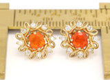 Persimmon and Tangerine Faceted Mexican Fire Opal in Gold Stud Earrings, with Gold Earring Jackets with Diamond Accents.