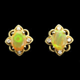 Faceted Ethiopian Honey Opal with Diamond Accents in Gold Lotus-Shape Earrings