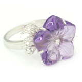 Carved Amethyst Flower in White Gold Ring with Diamond Accents.