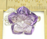 Carved Amethyst Flower in White Gold Ring with Diamond Accents.