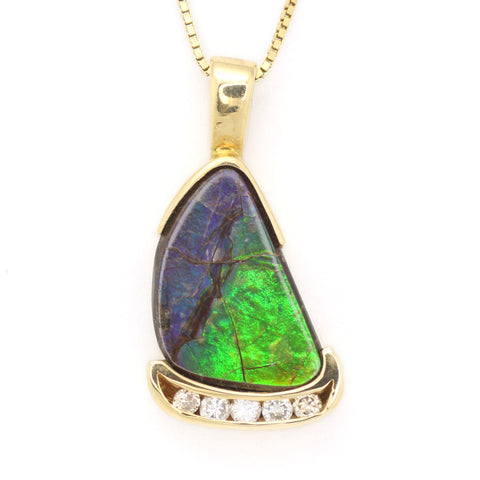 Blue and Green Ammolite Fossil in Contemporary-Style Gold Pendant with a Row of Diamonds
