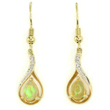 Ethiopian Opals in Flame-Shaped Setting with Diamond Accents. Gold Fishhook Earrings.