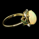 Ethiopian Opal with White and Green Diamonds, Gold Ring