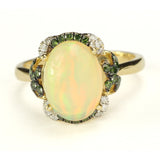 Ethiopian Opal with White and Green Diamonds, Gold Ring