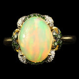 Ethiopian Opal with White and Green Diamonds, Gold Ring