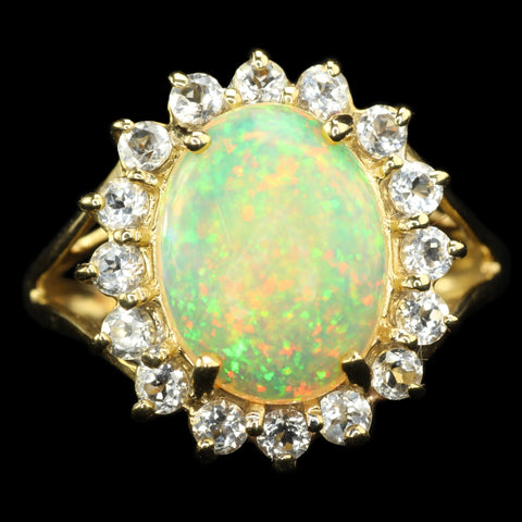 Pinfire Pattern Ethiopian Opal in White Topaz Halo, Gold Statement Ring