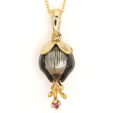 Carved Galatea Tahitian Pearl Flowers with Ruby and Gold Petals and Stamens. Gold Necklace