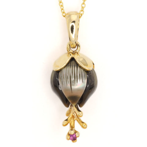 Carved Galatea Tahitian Pearl Flowers with Ruby and Gold Petals and Stamens. Gold Necklace