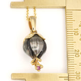 Carved Galatea Tahitian Pearl Flowers with Ruby and Gold Petals and Stamens. Gold Necklace