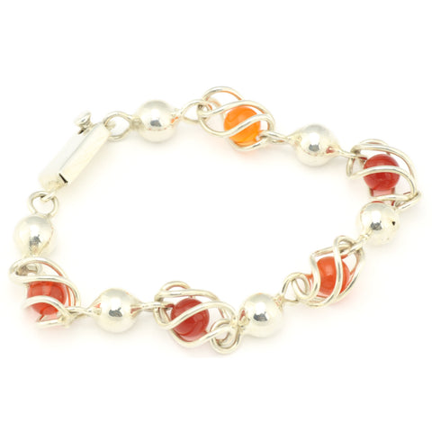 Mexican Fire Opals of Orange and Red in Silver Cages in Vintage Silver Bracelet