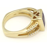 Square-Bottomed Gold Ring with Square Amethyst and Rows of Diamond Accents. Heart-Shaped Cutouts.