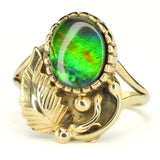 Blue and Green Ammolite Fossil Doublet in Vintage 1960s Gold Ring of Native American Design