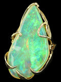 Large Ethiopian Opal with Blue and Green Play-of-Color in Vintage, Gold Ring with Leaves and Vines.  Straw or Chaff Pattern.
