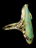 Large Ethiopian Opal with Blue and Green Play-of-Color in Vintage, Gold Ring with Leaves and Vines.  Straw or Chaff Pattern.