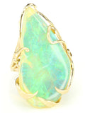 Large Ethiopian Opal with Blue and Green Play-of-Color in Vintage, Gold Ring with Leaves and Vines.  Straw or Chaff Pattern.