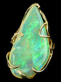 Large Ethiopian Opal with Blue and Green Play-of-Color in Vintage, Gold Ring with Leaves and Vines.  Straw or Chaff Pattern.