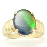 Unisex Ammolite Fossil Ring, Gold, Prong Setting, Doublet, Green and Blue