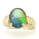 Unisex Ammolite Fossil Ring, Gold, Prong Setting, Doublet, Green and Blue