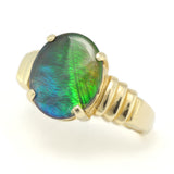 Unisex Ammolite Fossil Ring, Gold, Prong Setting, Doublet, Green and Blue