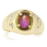 Full-Spectrum Ammolite Fossil in Yellow and White Gold Unisex Ring with Diamond Accents
