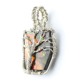Ammolite Fossil set in a Silver Wire-Wrapped Pendant Under a Branching Tree