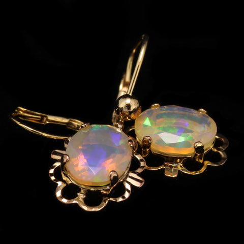 Faceted, Full-Spectrum Ethiopian Opals in Gold Earrings with Leverback Closure