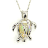 Small Ethiopian Opal Sphere in a Silver Turtle Cage Pendant on a Box Chain Necklace.