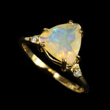 Trillium or Triangle Cut Faceted Ethiopian Opal in an Offset Gold Engagement Ring with Diamond Accents