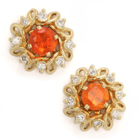 Persimmon and Tangerine Faceted Mexican Fire Opal in Gold Stud Earrings, with Gold Earring Jackets with Diamond Accents.
