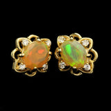 Faceted Ethiopian Honey Opal with Diamond Accents in Gold Lotus-Shape Earrings