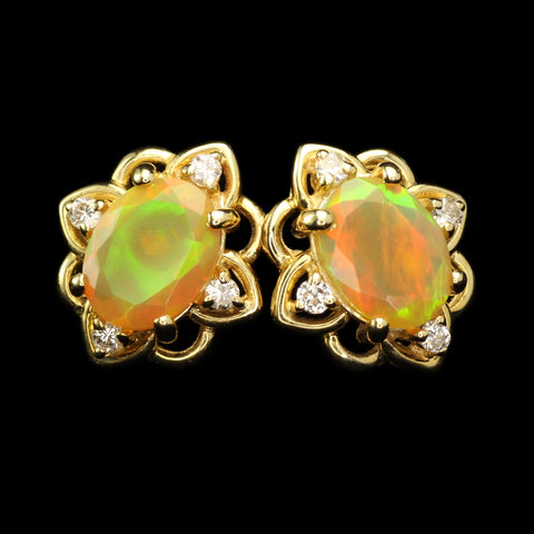 Faceted Ethiopian Honey Opal with Diamond Accents in Gold Lotus-Shape Earrings