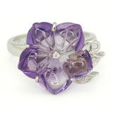 Carved Amethyst Flower in White Gold Ring with Diamond Accents.