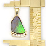 Blue and Green Ammolite Fossil in Contemporary-Style Gold Pendant with a Row of Diamonds