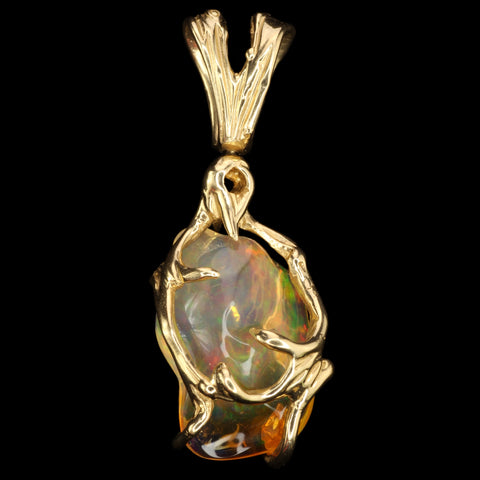 Freeform Mexican Fire Opal with Full-Spectrum Play-of-Color, in Unique, Organic Gold Pendant Setting with Spinning Bale.