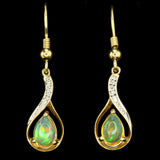 Ethiopian Opals in Flame-Shaped Setting with Diamond Accents. Gold Fishhook Earrings.