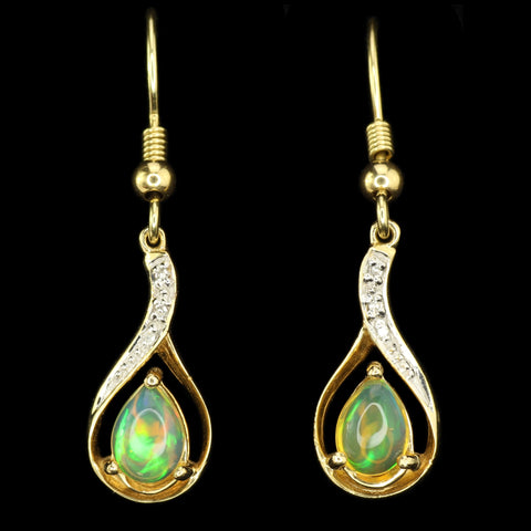Ethiopian Opals in Flame-Shaped Setting with Diamond Accents. Gold Fishhook Earrings.