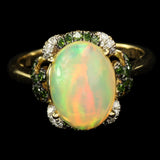 Ethiopian Opal with White and Green Diamonds, Gold Ring