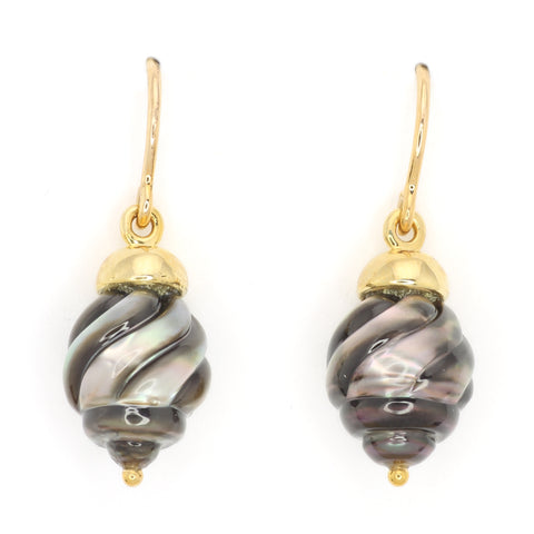 Spiral-Carved Galatea Tahitian Pearl Earrings. Gold French Wire Backs