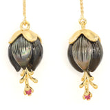 Carved Galatea Tahitian Pearl Flowers with Ruby and Gold Petals and Stamens. Drop Earrings with French Hooks