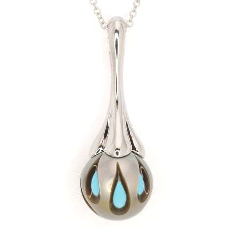 White Gold Galatea Necklace with Carved Tahitian Pearl over Turquoise