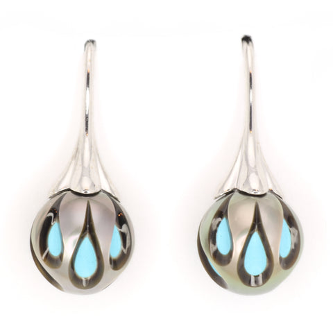 White Gold Galatea Earrings with Carved Tahitian Pearls over Turquoise
