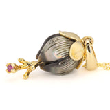 Carved Galatea Tahitian Pearl Flowers with Ruby and Gold Petals and Stamens. Gold Necklace