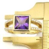 Square-Bottomed Gold Ring with Square Amethyst and Rows of Diamond Accents. Heart-Shaped Cutouts.