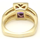 Square-Bottomed Gold Ring with Square Amethyst and Rows of Diamond Accents. Heart-Shaped Cutouts.