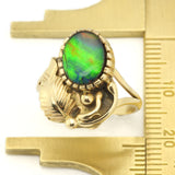 Blue and Green Ammolite Fossil Doublet in Vintage 1960s Gold Ring of Native American Design