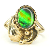 Blue and Green Ammolite Fossil Doublet in Vintage 1960s Gold Ring of Native American Design