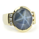 Deep Blue-Grey Natural Star Sapphire in Gold Unisex or Men's Ring with Diamond Accents