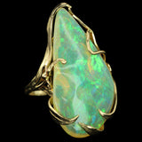 Large Ethiopian Opal with Blue and Green Play-of-Color in Vintage, Gold Ring with Leaves and Vines.  Straw or Chaff Pattern.